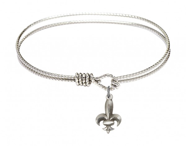 Cable Bangle Bracelet with a Fleur de Lis Charm - Silver