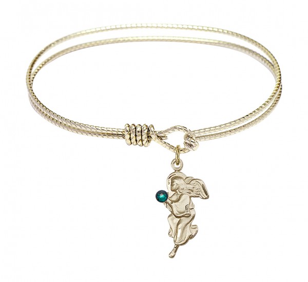 Cable Bangle Bracelet with a Guardian Angel Charm - Emerald Green