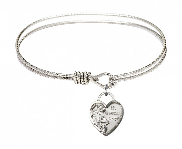 Cable Bangle Bracelet with a Guardian Angel Heart Charm - Silver
