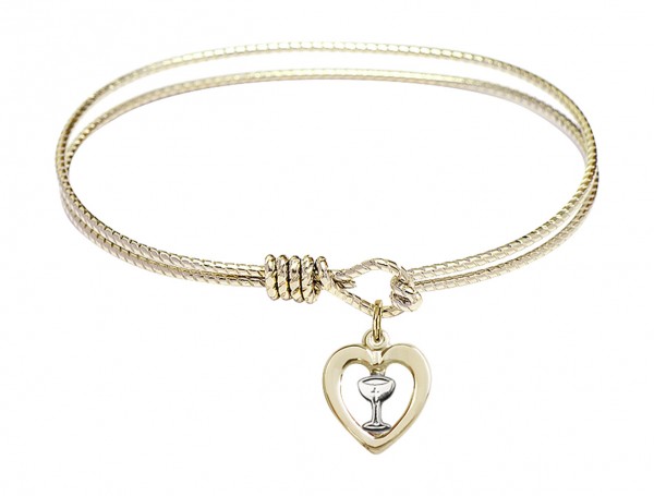 Cable Bangle Bracelet with a Heart with Chalice Charm - Gold