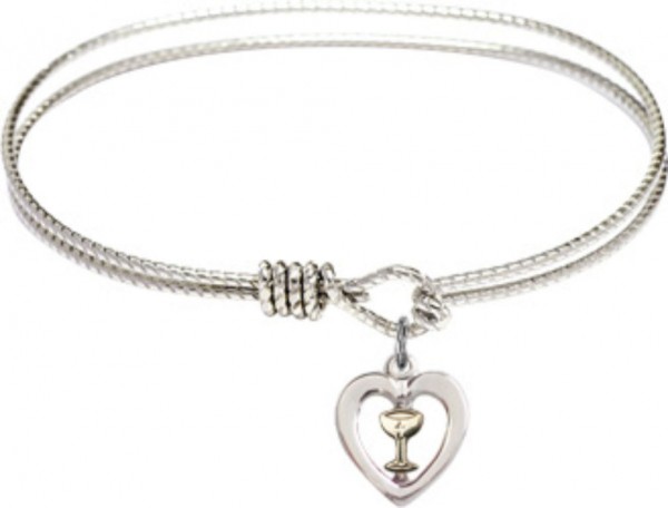 Cable Bangle Bracelet with a Heart with Chalice Charm - Silver