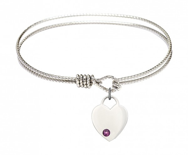 Cable Bangle Bracelet with a Heart Charm - Amethyst