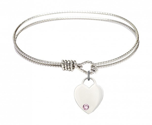Cable Bangle Bracelet with a Heart Charm - Light Amethyst