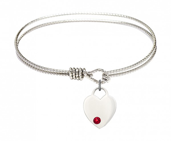 Cable Bangle Bracelet with a Heart Charm - Ruby Red