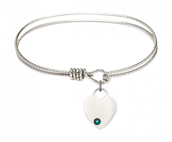 Cable Bangle Bracelet with a Heart Charm - Emerald Green