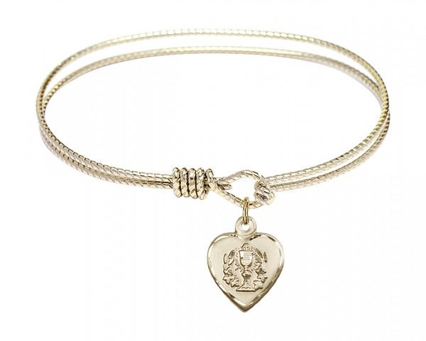 Cable Bangle Bracelet with a Heart Communion Charm - Gold