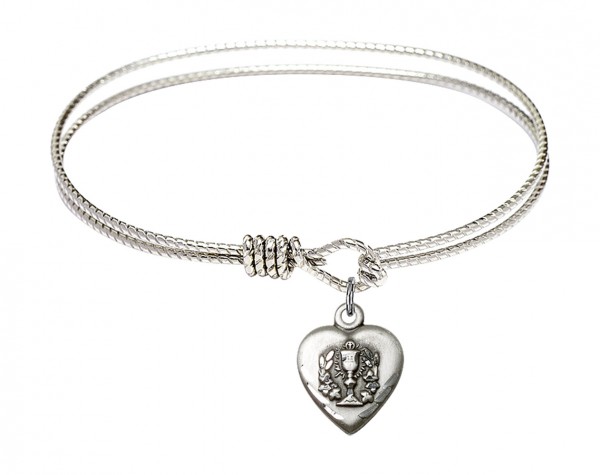 Cable Bangle Bracelet with a Heart Communion Charm - Silver