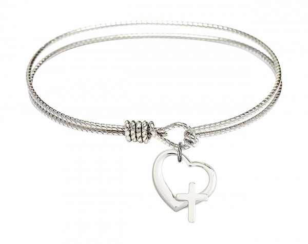 Cable Bangle Bracelet with a Heart and Cross Charm - Silver