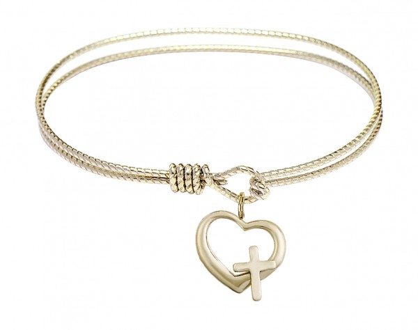 Cable Bangle Bracelet with a Heart and Cross Charm - Gold