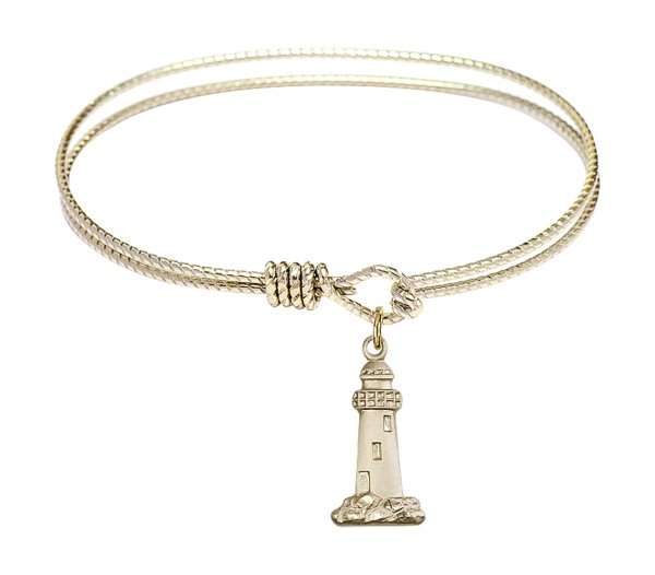 Cable Bangle Bracelet with a Lighthouse Charm - Gold
