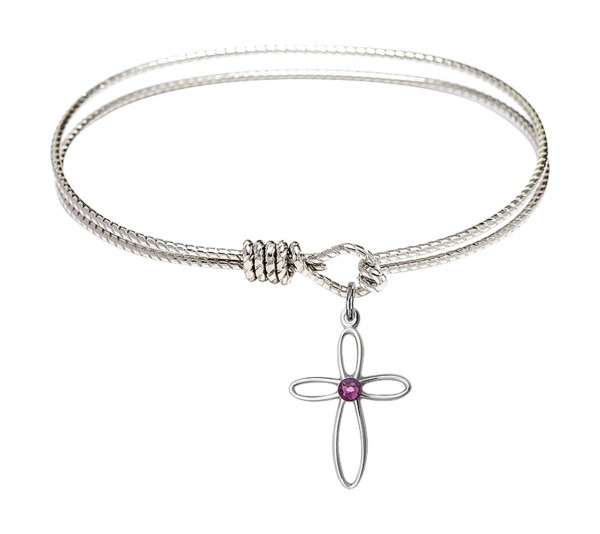 Cable Bangle Bracelet with a Loop Cross Charm - Amethyst