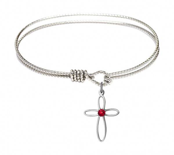 Cable Bangle Bracelet with a Loop Cross Charm - Ruby Red