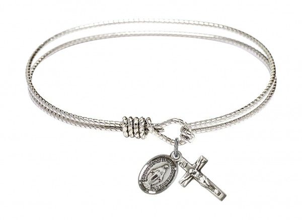 Cable Bangle Bracelet with a Miraculous and Crucifix Charm - Silver
