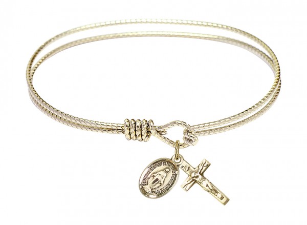Cable Bangle Bracelet with a Miraculous and Crucifix Charm - Gold