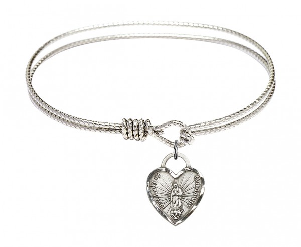 Cable Bangle Bracelet with Our Lady of Guadalupe Heart Charm - Silver