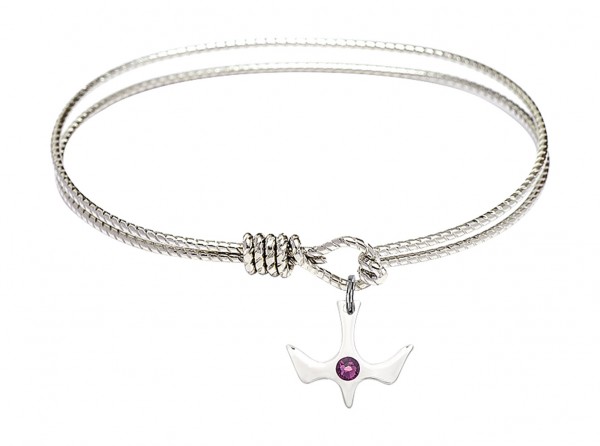 Cable Bangle Bracelet with a Petite Holy Spirit Charm and Birthstone - Amethyst