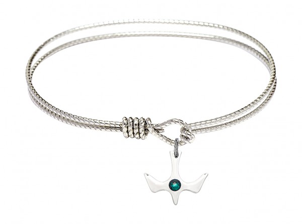 Cable Bangle Bracelet with a Petite Holy Spirit Charm and Birthstone - Emerald Green