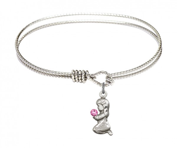 Cable Bangle Bracelet with a Praying Girl Charm - Pink | Silver