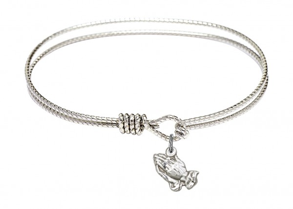 Cable Bangle Bracelet with a Praying Hands Charm - Silver