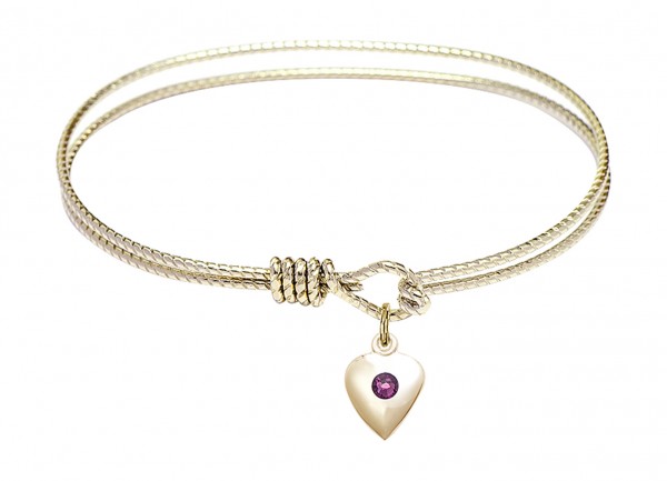 Cable Bangle Bracelet with a Puff Heart Charm - Amethyst