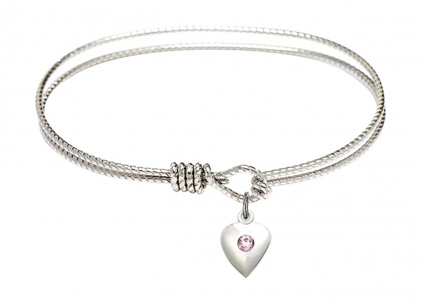 Cable Bangle Bracelet with a Puff Heart Charm - Light Amethyst