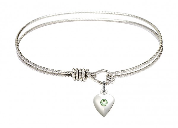 Cable Bangle Bracelet with a Puff Heart Charm - Peridot