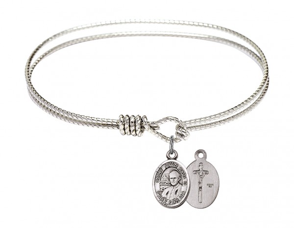Cable Bangle Bracelet with a Saint John Paul II Charm - Silver
