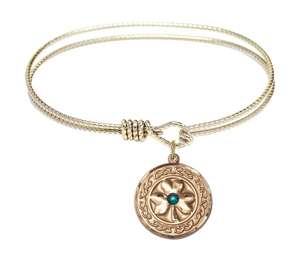 Cable Bangle Bracelet with a Shamrock with Celtic Border Charm - Green|Gold