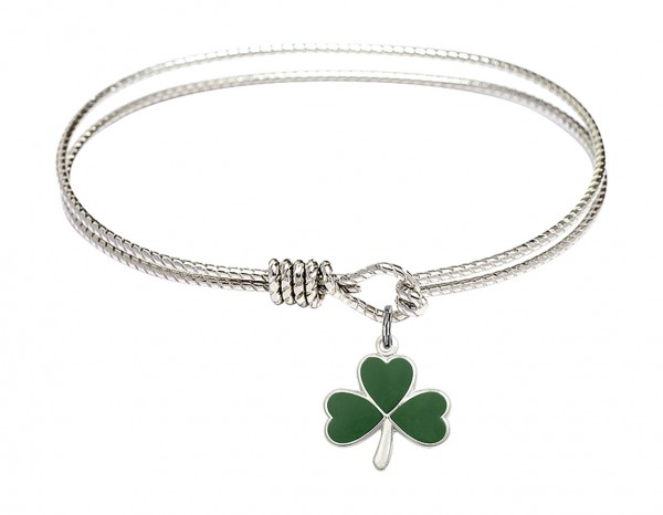 Cable Bangle Bracelet with a Shamrock Charm - Silver