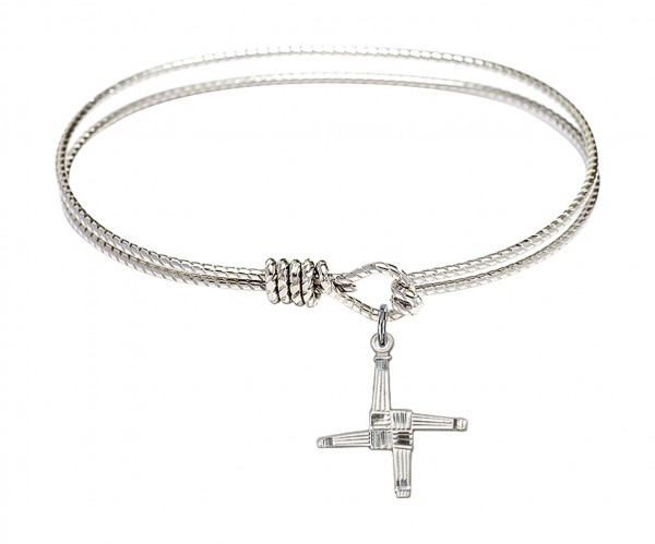 Cable Bangle Bracelet with a Textured Saint Brigid Cross Charm - Silver