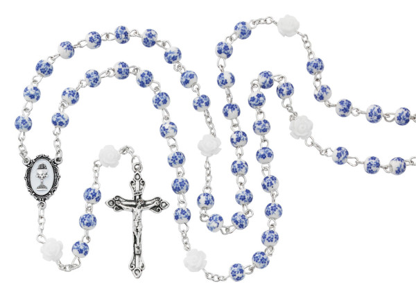 Ceramic Blue and White Girls First Communion Rosary - Blue