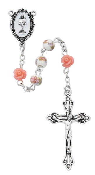 Ceramic Peach and White Girls First Communion Rosary - Pink