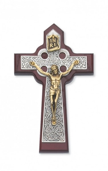 Cherry Stained Celtic Wall Crucifix - 5.75&quot;H - Two-Tone