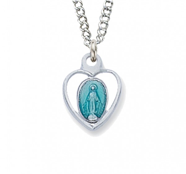 Child Size Blue Heart Sterling Silver Miraculous Medal - Blue