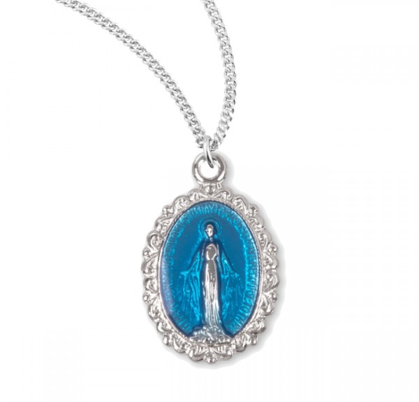 Child Size Fleur De Lis Border Miraculous Medal - Sterling Silver | Blue Enamel