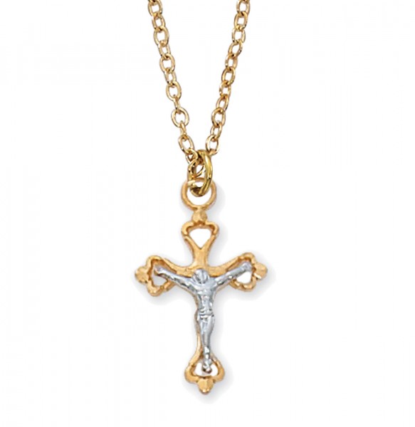 Child Size Heart End Crucifix Necklace - Two-Tone Gold