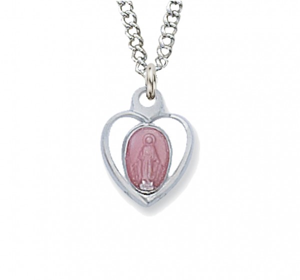 Child Size Pink Heart Sterling Silver Miraculous Medal - Pink