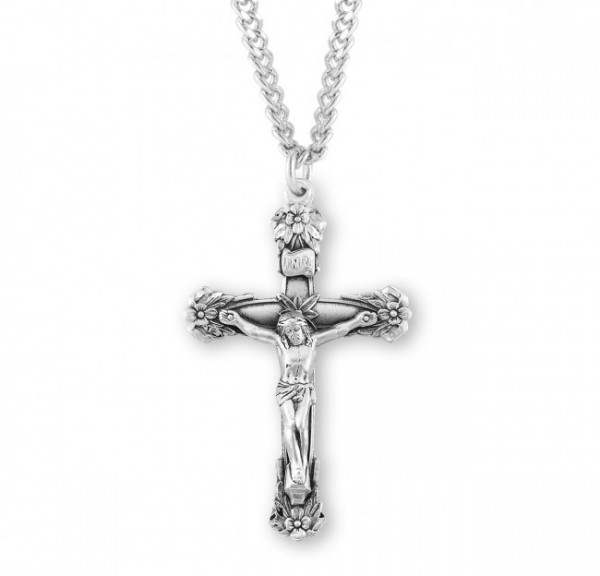 Christ Adorned in Flowers Men's Crucifix Necklace - Sterling Silver