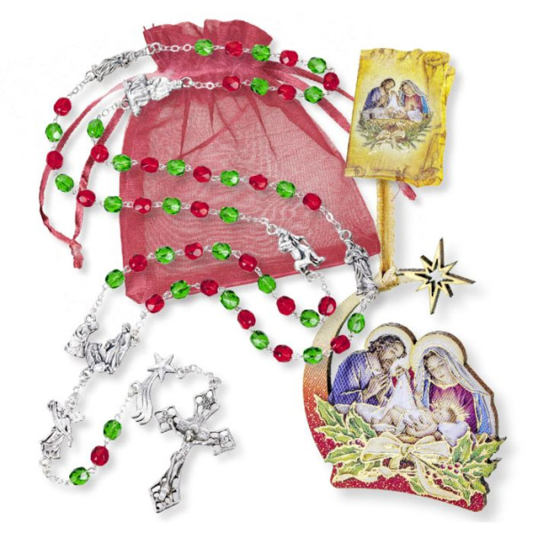 Christmas Rosary w/Holy Family Ornament in Organza Bag - Red | Green | Silver