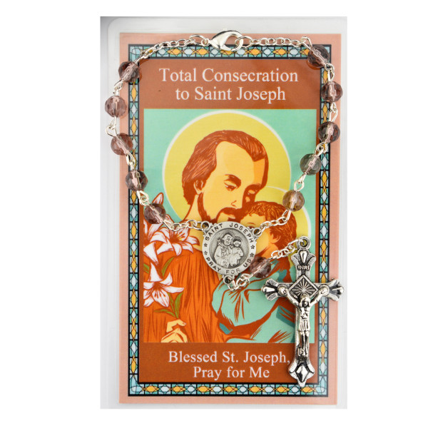 Consecration to St Joseph Prayer Card and Auto Rosary Set - Silver