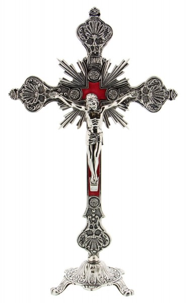 Ornate Standing Crucifix with Silver Base - Silver tone