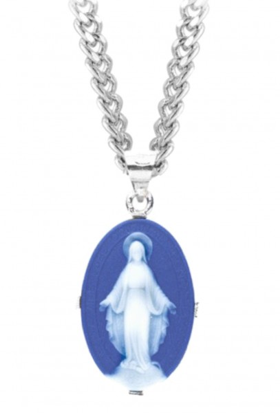 Dark Blue Cameo Necklace of the Miraculous Medal - Blue | Silver