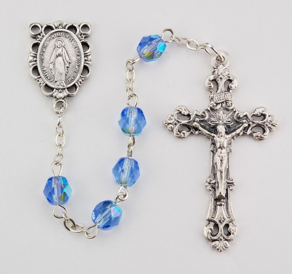 December Light Blue Aurora Glass Bead Rosary - Blue
