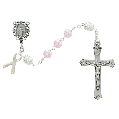 Deluxe Pink Pearl Cancer Awareness Rosary - Pink