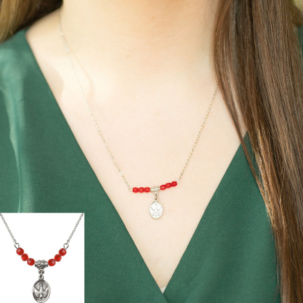 Descending Dove Confirmation Necklace with Red Beads - Silver-tone