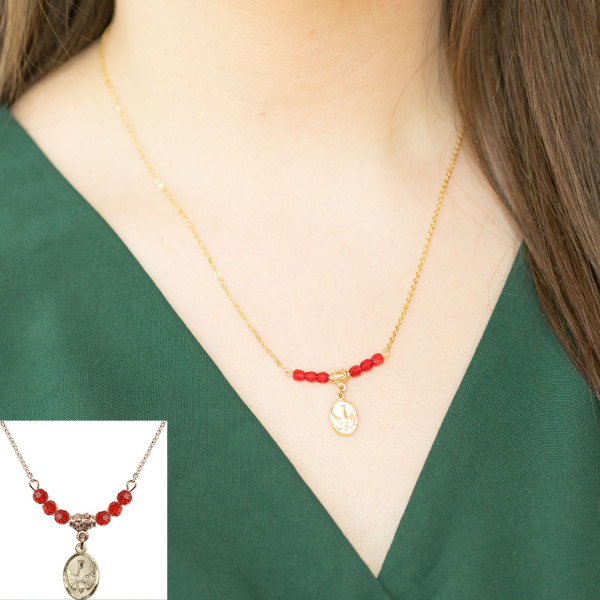 Descending Dove Confirmation Necklace with Red Beads - Gold Tone