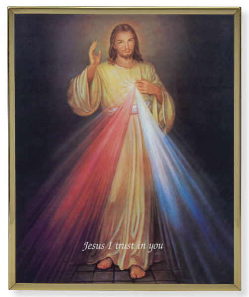 Divine Mercy Gold Frame Plaque - 2 Sizes - Full Color