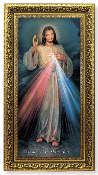 Divine Mercy Print in Ornate Print in Ornate Gold-Leaf Frame - 2 Sizes - Full Color