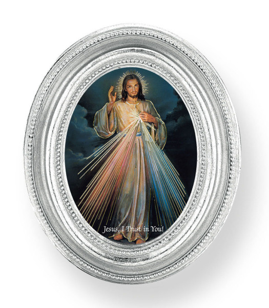 Divine Mercy Small 4.5 Inch Oval Framed Print - Silver