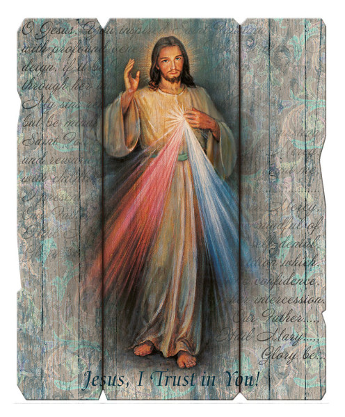 Divine Mercy Wall Plaque in Distressed Wood - Full Color
